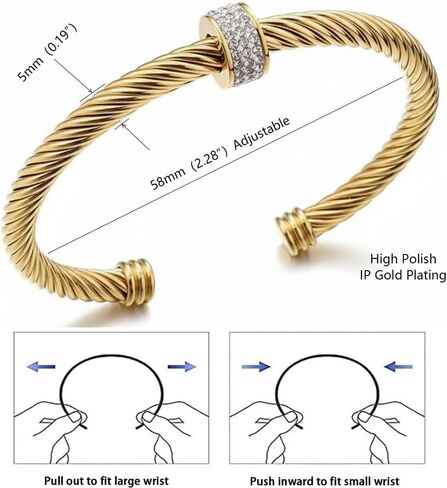 Cuff Bracelet for Women Non Tarnish Adjustable Stainless Steel Vintage Open Cable Bangle Twisted Wire Rhinestone Christmas Birthday Jewelry Gift Ladies in Saudi Arabia