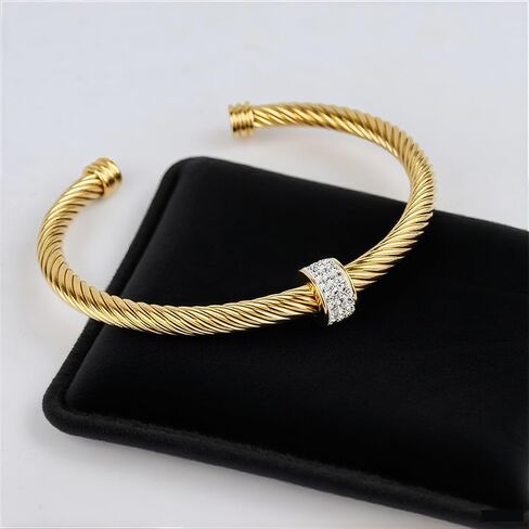 Cuff Bracelet for Women Non Tarnish Adjustable Stainless Steel Vintage Open Cable Bangle Twisted Wire Rhinestone Christmas Birthday Jewelry Gift Ladies in Saudi Arabia