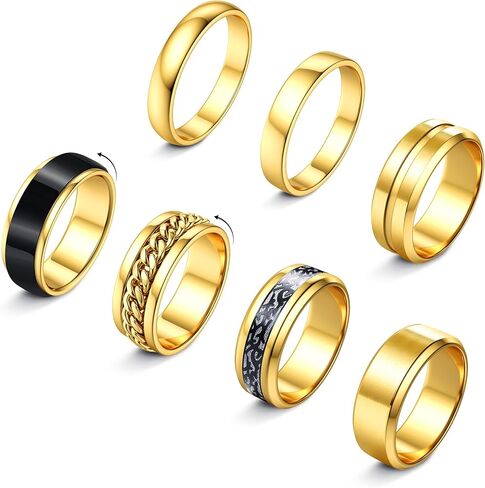 sailimue 7Pcs Stainless Steel Rings for Men Women 14K Gold Plated Fidget Rings Set Cool Spinner Chain Ring Anxiety Relief Simple Men's Engagement Promise Wedding Band Size 7-13 in Saudi Arabia