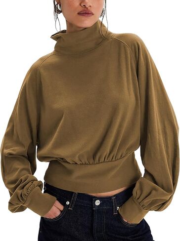 Womens Pullover Sweatshirts Fleece Lining Turtleneck Oversized Top Balloon Sleeves Cozy Fall Winter Casual Outfits in Saudi Arabia