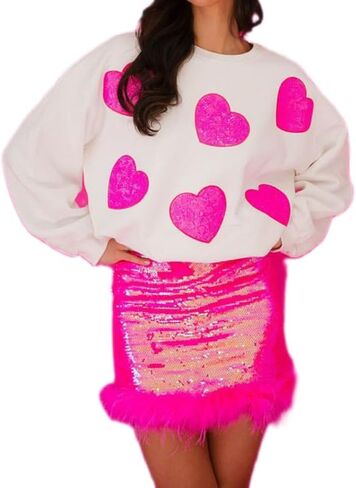 ROAONOCOMO Women Oversized Heart Print Sweatshirts Sequins Long Sleeve Pullovers Top Loose Fit Love Sweatshirt Outfits in Saudi Arabia