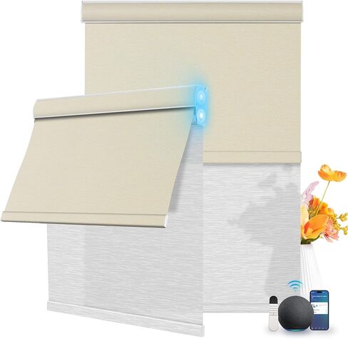 BERISSA Motorized Dual Roller Blinds with Remote,Blackout&Light Filtering Smart Double Roller Blinds for Windows,Customized Automatic Shades,Electric Shades with Solar Pannel.Jacquard Beige&Beige in Saudi Arabia