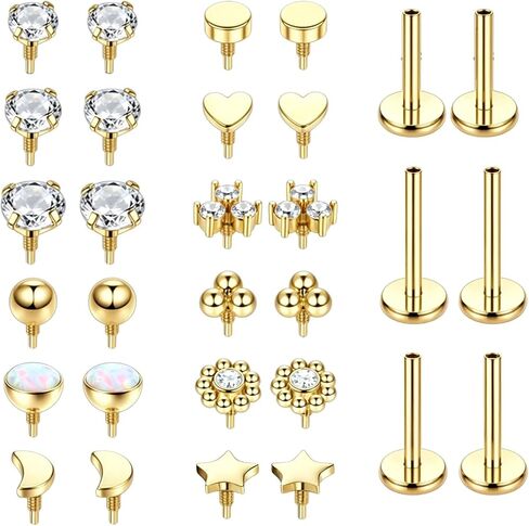 32Pcs Flat Back Nose Stud Earrings for Women Set Surgical Steel Internal Thread Tragus Earring Gold Tragus Piercing Jewelry Nose Rings Studs for Ear Cartilage Helix With Piercing Ball Grabber Tool in Saudi Arabia