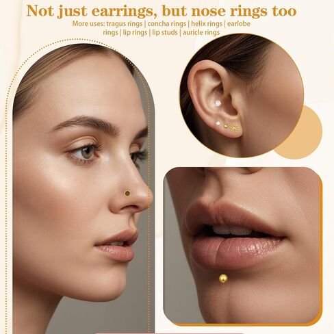 32Pcs Flat Back Nose Stud Earrings for Women Set Surgical Steel Internal Thread Tragus Earring Gold Tragus Piercing Jewelry Nose Rings Studs for Ear Cartilage Helix With Piercing Ball Grabber Tool in Saudi Arabia
