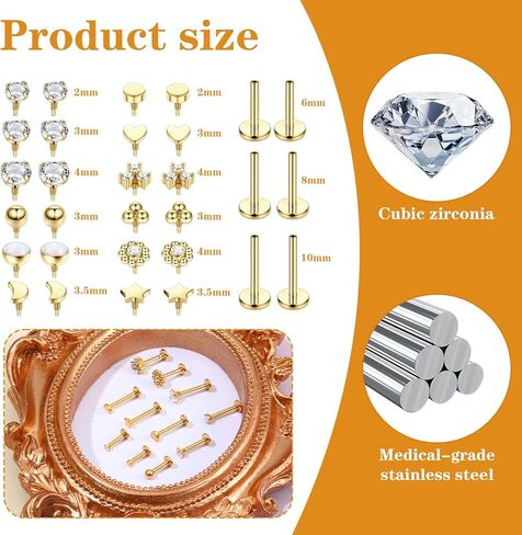 32Pcs Flat Back Nose Stud Earrings for Women Set Surgical Steel Internal Thread Tragus Earring Gold Tragus Piercing Jewelry Nose Rings Studs for Ear Cartilage Helix With Piercing Ball Grabber Tool in Saudi Arabia