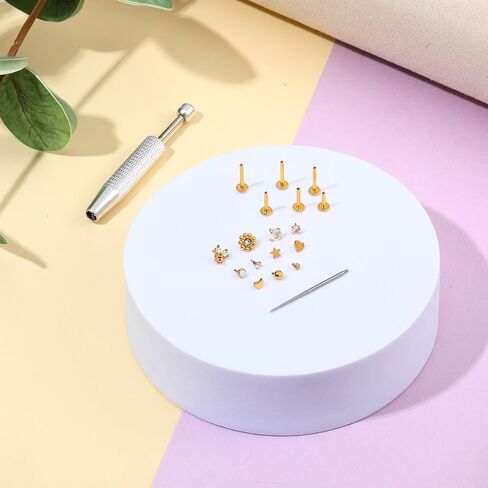 32Pcs Flat Back Nose Stud Earrings for Women Set Surgical Steel Internal Thread Tragus Earring Gold Tragus Piercing Jewelry Nose Rings Studs for Ear Cartilage Helix With Piercing Ball Grabber Tool in Saudi Arabia