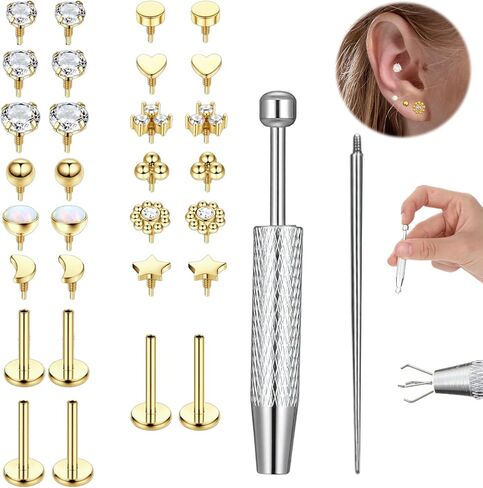 32Pcs Flat Back Nose Stud Earrings for Women Set Surgical Steel Internal Thread Tragus Earring Gold Tragus Piercing Jewelry Nose Rings Studs for Ear Cartilage Helix With Piercing Ball Grabber Tool in Saudi Arabia