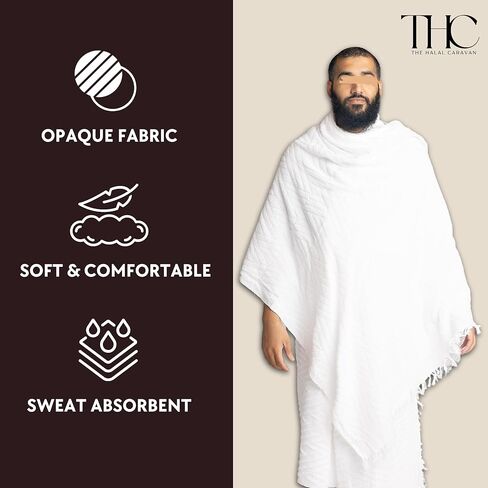 Men's Ihram for Hajj & Umrah - Sweat Absorbent, Comfortable, Fully Opaque, 2-Piece Ihram Set, Ehram Ahram 43 x 83 Inches, Ideal for Muslim Men, White in Saudi Arabia