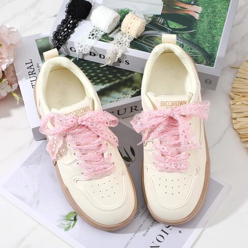 6 Pairs Lace Fancy Shoelaces 3CM Wide Flat Soft Lace Shoe Strings Sneakers Hollow Lacy Ribbon Laces for Women Girls in Saudi Arabia