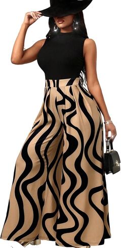 Women’s Sleeveless Jumpsuit Wide Leg High Waist Pants Elegant Printed Romper Casual Party Clubwear in Saudi Arabia