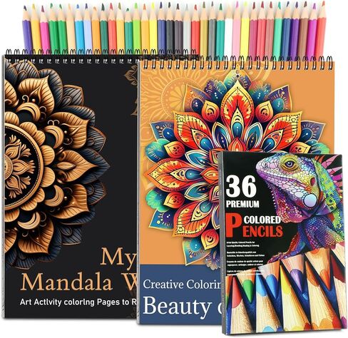 2Pcs Mandala Adult Coloring Books with 24 Count Colored Pencils, Mandala Relaxing Coloring Books with Colored Pencils for Women, Gift for Adult to Relax, Anxiety and Depression in Kuwait