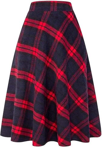 Women's Long Plaid Wool Skirt Fall High Elastic Waist Pleated Flared A-line Wool Winter Skirts in Saudi Arabia