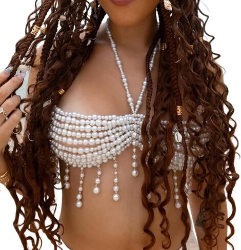 Multi-layered Pearl Tops Bra Chains Necklace Summer Beach Beaded Chest Chain Rave Wedding Pearl Tassel Body Jewelry Women in Saudi Arabia