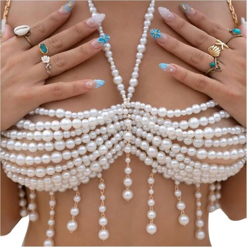 Multi-layered Pearl Tops Bra Chains Necklace Summer Beach Beaded Chest Chain Rave Wedding Pearl Tassel Body Jewelry Women in Saudi Arabia