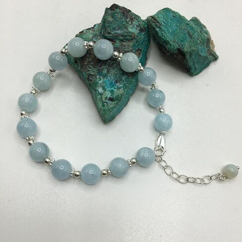 LTC Designs 8mm Milky Aquamarine Bracelet with Sterling Silver Spacers and Lobster Claw Clasp, 7.5" + 2" for Women, Men, Teens Genuine Crystal Healing Jewelry in Saudi Arabia