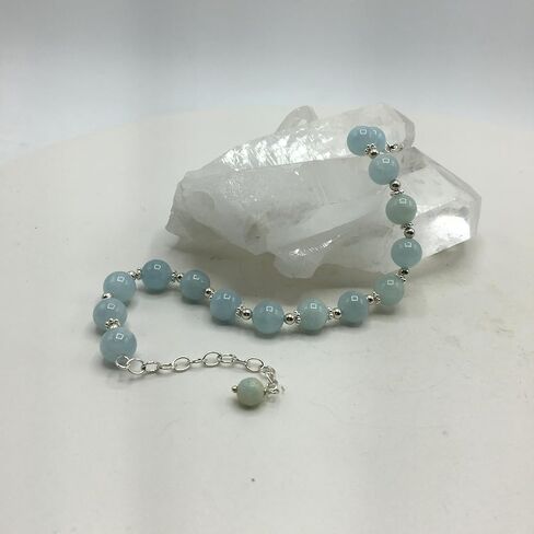LTC Designs 8mm Milky Aquamarine Bracelet with Sterling Silver Spacers and Lobster Claw Clasp, 7.5" + 2" for Women, Men, Teens Genuine Crystal Healing Jewelry in Saudi Arabia