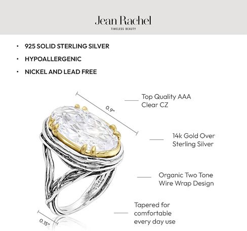 JEAN RACHEL JEWELRY Mixed Metal Two Tone Ring for Women – Oval CZ Wire Wrap – 925 Sterling Silver & 14K Gold Over Silver – Hypoallergenic Handcrafted Design in Saudi Arabia