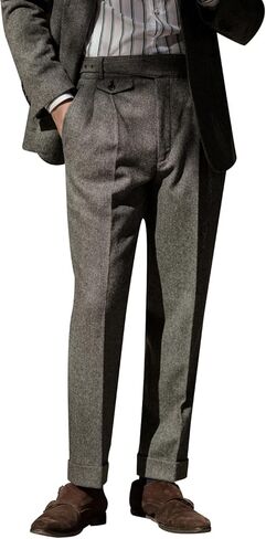 Snoly Men's Winter Retro Woolen Gurkha Pant Straight Flat Front Chino High Waist Tapered Leg Rolled Pants,Two Styles in Saudi Arabia