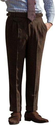 Snoly Men's Winter Retro Woolen Gurkha Pant Straight Flat Front Chino High Waist Tapered Leg Rolled Pants,Two Styles in Saudi Arabia