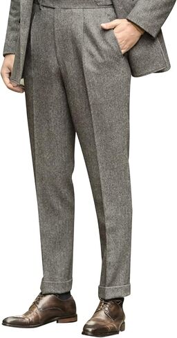 Snoly Men's Winter Retro Woolen Gurkha Pant Straight Flat Front Chino High Waist Tapered Leg Rolled Pants,Two Styles in Saudi Arabia