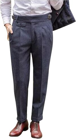 Snoly Men's Winter Retro Woolen Gurkha Pant Straight Flat Front Chino High Waist Tapered Leg Rolled Pants,Two Styles in Saudi Arabia