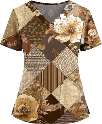 Womens Scrubs V-Neck Patchwork Printed Scrub Top Short Sleeve Nurse Shirts Plus Size Work Tops with Pockets in Saudi Arabia