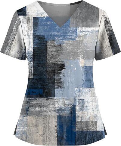 Womens Scrubs V-Neck Patchwork Printed Scrub Top Short Sleeve Nurse Shirts Plus Size Work Tops with Pockets in Saudi Arabia