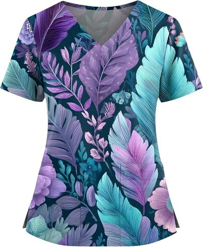 Womens Scrubs V-Neck Patchwork Printed Scrub Top Short Sleeve Nurse Shirts Plus Size Work Tops with Pockets in Saudi Arabia