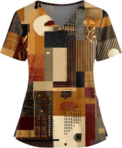 Womens Scrubs V-Neck Patchwork Printed Scrub Top Short Sleeve Nurse Shirts Plus Size Work Tops with Pockets in Saudi Arabia