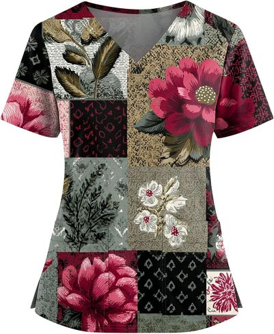 Womens Scrubs V-Neck Patchwork Printed Scrub Top Short Sleeve Nurse Shirts Plus Size Work Tops with Pockets in Saudi Arabia