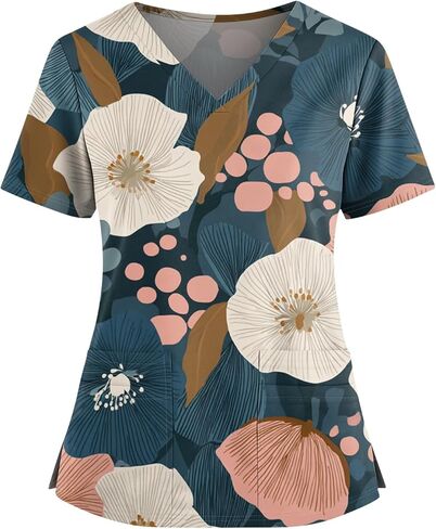 Womens Scrubs V-Neck Patchwork Printed Scrub Top Short Sleeve Nurse Shirts Plus Size Work Tops with Pockets in Saudi Arabia