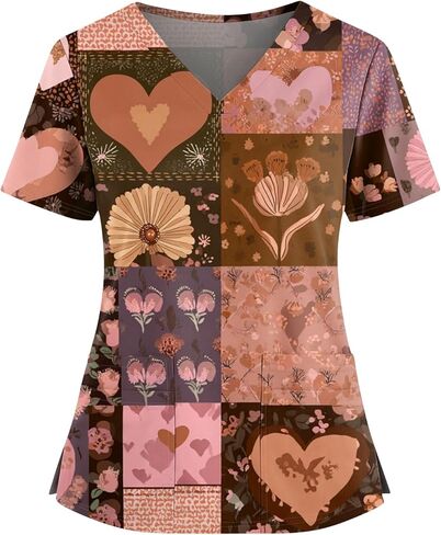 Womens Scrubs V-Neck Patchwork Printed Scrub Top Short Sleeve Nurse Shirts Plus Size Work Tops with Pockets in Saudi Arabia