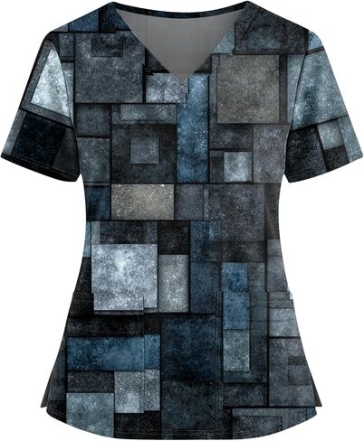Womens Scrubs V-Neck Patchwork Printed Scrub Top Short Sleeve Nurse Shirts Plus Size Work Tops with Pockets in Saudi Arabia