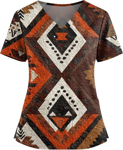 Womens Scrubs V-Neck Patchwork Printed Scrub Top Short Sleeve Nurse Shirts Plus Size Work Tops with Pockets in Saudi Arabia
