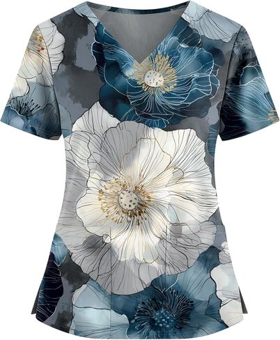 Womens Scrubs V-Neck Patchwork Printed Scrub Top Short Sleeve Nurse Shirts Plus Size Work Tops with Pockets in Saudi Arabia