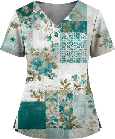Womens Scrubs V-Neck Patchwork Printed Scrub Top Short Sleeve Nurse Shirts Plus Size Work Tops with Pockets in Saudi Arabia