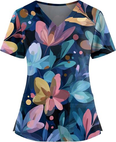 Womens Scrubs V-Neck Patchwork Printed Scrub Top Short Sleeve Nurse Shirts Plus Size Work Tops with Pockets in Saudi Arabia