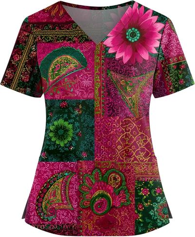 Womens Scrubs V-Neck Patchwork Printed Scrub Top Short Sleeve Nurse Shirts Plus Size Work Tops with Pockets in Saudi Arabia