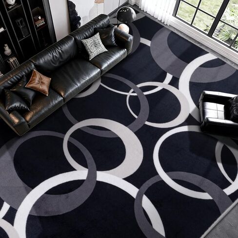 سجاد منطقة YIHOUSE مقاس 5 × 7 أقدام، سجادة دائرية متحدة المركز قابلة للغسل، سجادة بتصميم هندسي أبيض وأسود لغرفة المعيشة، غرفة النوم، غرفة اللعب، الحضانة، ديكور مكتب المنزل، غير قابلة للانزلاق in Kuwait