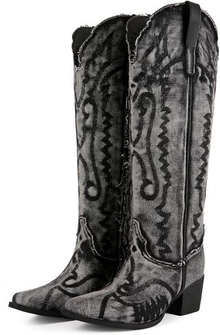 Women's The Western Cowboy Cowgirl Boots Mid Calf Low Heel Pointed Toe Boots for Women in Saudi Arabia