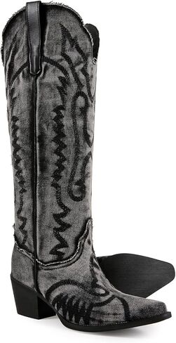 Women's The Western Cowboy Cowgirl Boots Mid Calf Low Heel Pointed Toe Boots for Women in Saudi Arabia