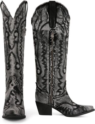 Women's The Western Cowboy Cowgirl Boots Mid Calf Low Heel Pointed Toe Boots for Women in Saudi Arabia