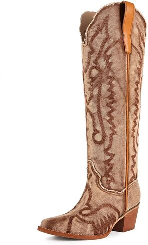 Women's The Western Cowboy Cowgirl Boots Mid Calf Low Heel Pointed Toe Boots for Women in Saudi Arabia