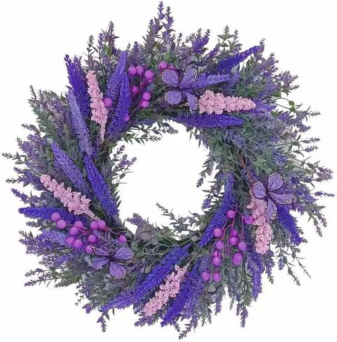 18Inch Purple Lavender Wreath for Front Door,Artificial Blue Purple Berries Paired with Pink Butterflies,Used for Window, Wall, Porch, and Other Indoor and Outdoor Home Decorations in Saudi Arabia