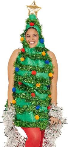 Owl's-Yard Christmas Tree Costume For Women Christmas Outfit Sleeveless Hood Tops Red Plush Ball Xmas Outfit For Party in Kuwait