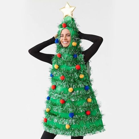 Owl's-Yard Christmas Tree Costume For Women Christmas Outfit Sleeveless Hood Tops Red Plush Ball Xmas Outfit For Party in Kuwait