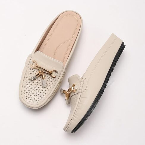 حذاء نسائي جلدي بإبزيم معدني مزود بشراشيب كاجوال مريح بمقدمة مستديرة بدون ظهر سهل الارتداء بدون كعب مسطح خفيف الوزن للعمل اليومي والمكتب والمشي in Kuwait
