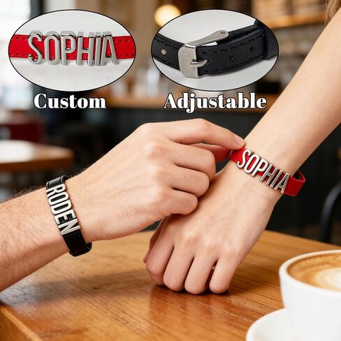 Personalized Leather Bracelet With Name, Custom Gifts for Boyfriend Girlfriend Couples, Adjustable Silver Metal Letter, Customized For Valentine’s Day for Men Women in Saudi Arabia
