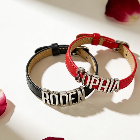 Personalized Leather Bracelet With Name, Custom Gifts for Boyfriend Girlfriend Couples, Adjustable Silver Metal Letter, Customized For Valentine’s Day for Men Women in Saudi Arabia