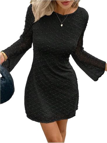Floerns Women's Mesh Long Sleeve Mini Dress Crew Neck Graduation Party Bodycon Dress in Saudi Arabia